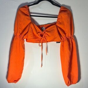 Divided Orange Puff Sleeve Crop Blouse